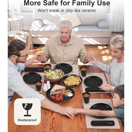 Ojees- 24 Piece Unbreakable, Wheat Straw Plastic Dinnerware Set - Black variant image 6