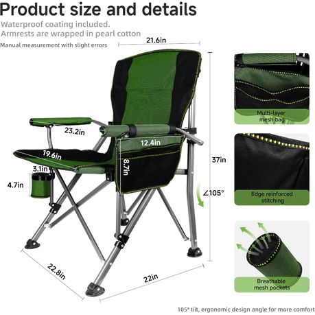 Ojees Folding Camping Chair with Cup Holder and Storage Bag - Green variant image 14