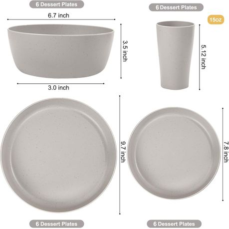 Ojees Homeware- 24 Piece Unbreakable Wheat Straw Dinnerware Set - Grey variant image 3