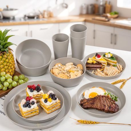 Ojees Homeware- 24 Piece Unbreakable Wheat Straw Dinnerware Set - Grey variant image 4