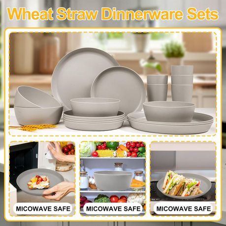 Ojees Homeware- 24 Piece Unbreakable Wheat Straw Dinnerware Set - Grey variant image 7