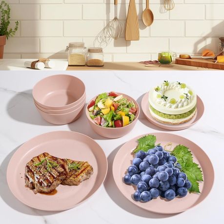 Ojees Homeware- 24 Piece Unbreakable Wheat Straw Dinnerware Set - Pink variant image 4