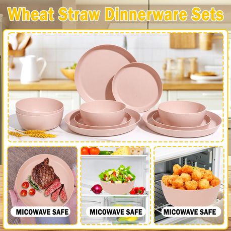 Ojees Homeware- 24 Piece Unbreakable Wheat Straw Dinnerware Set - Pink variant image 5