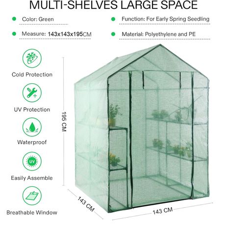 Tiered Walk-in Greenhouse 8 Shelve 143x143x195cm, Strong and stable variant image 4
