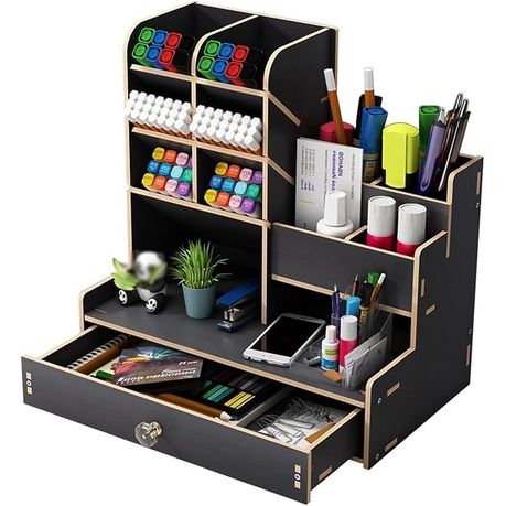 Wooden Desk Organiser, Pen Holder for Desk, Stationary Organiser - Black variant image 2