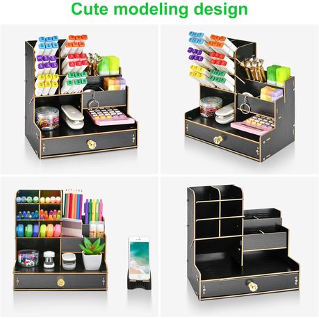 Wooden Desk Organiser, Pen Holder for Desk, Stationary Organiser - Black variant image 3